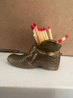 Vintage Brass Shoe Matchbox Holder Decorative Figurine - Gold 3 inches long